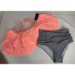 Tempt Me Pink Flowy Ruffle Bikini Swimsuit Stripe High Waist Bottoms Small New